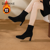 冬季 达芙妮尖头高跟短靴子女2025新款 爆款 黑色绒面弹力靴瘦瘦靴女