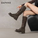达芙妮加绒长筒靴子女2025新款秋冬季美拉德堆堆靴西部棕色牛仔靴