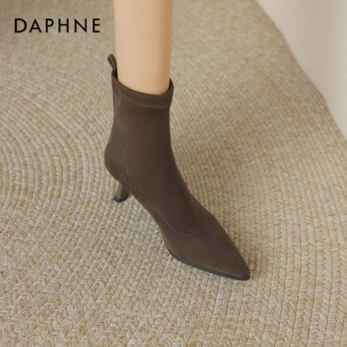 达芙妮高跟短靴女细跟尖头瘦瘦靴