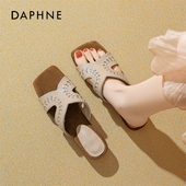 达芙妮金色凉拖鞋 方头绝美一字拖 外穿软底坡跟凉鞋 女2026春季 新款