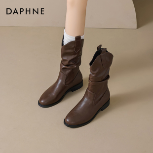 达芙妮棕色加绒短靴女春季2026新款西部牛仔马丁靴美拉德堆堆靴子