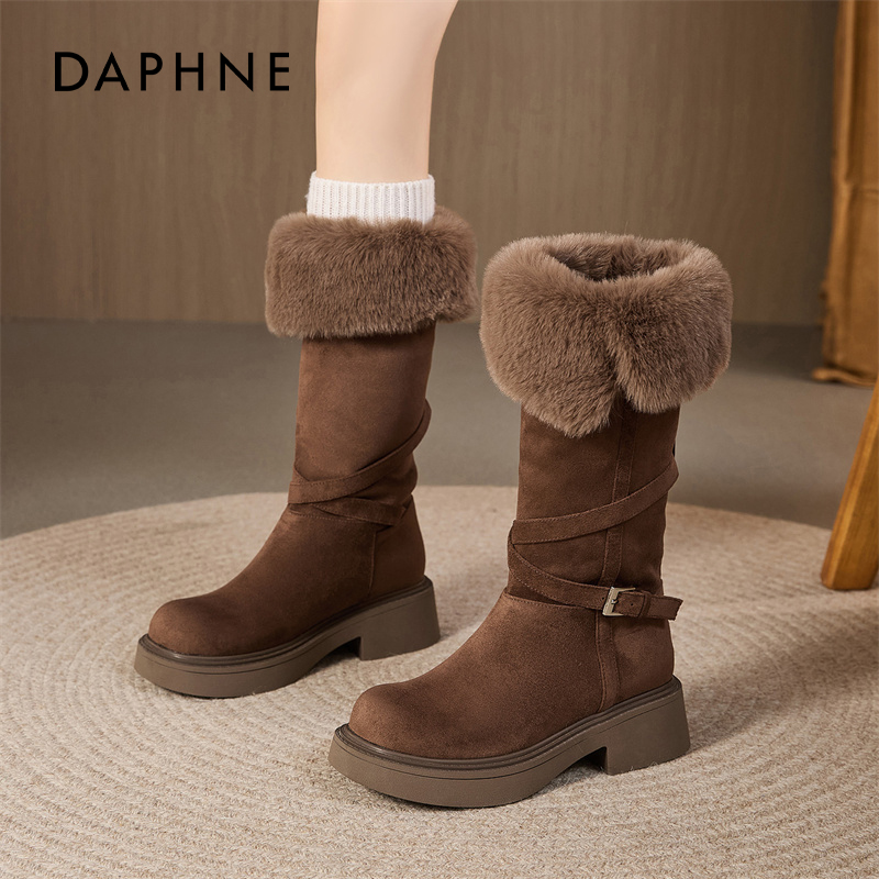 达芙妮毛绒雪地靴咖色加厚两穿