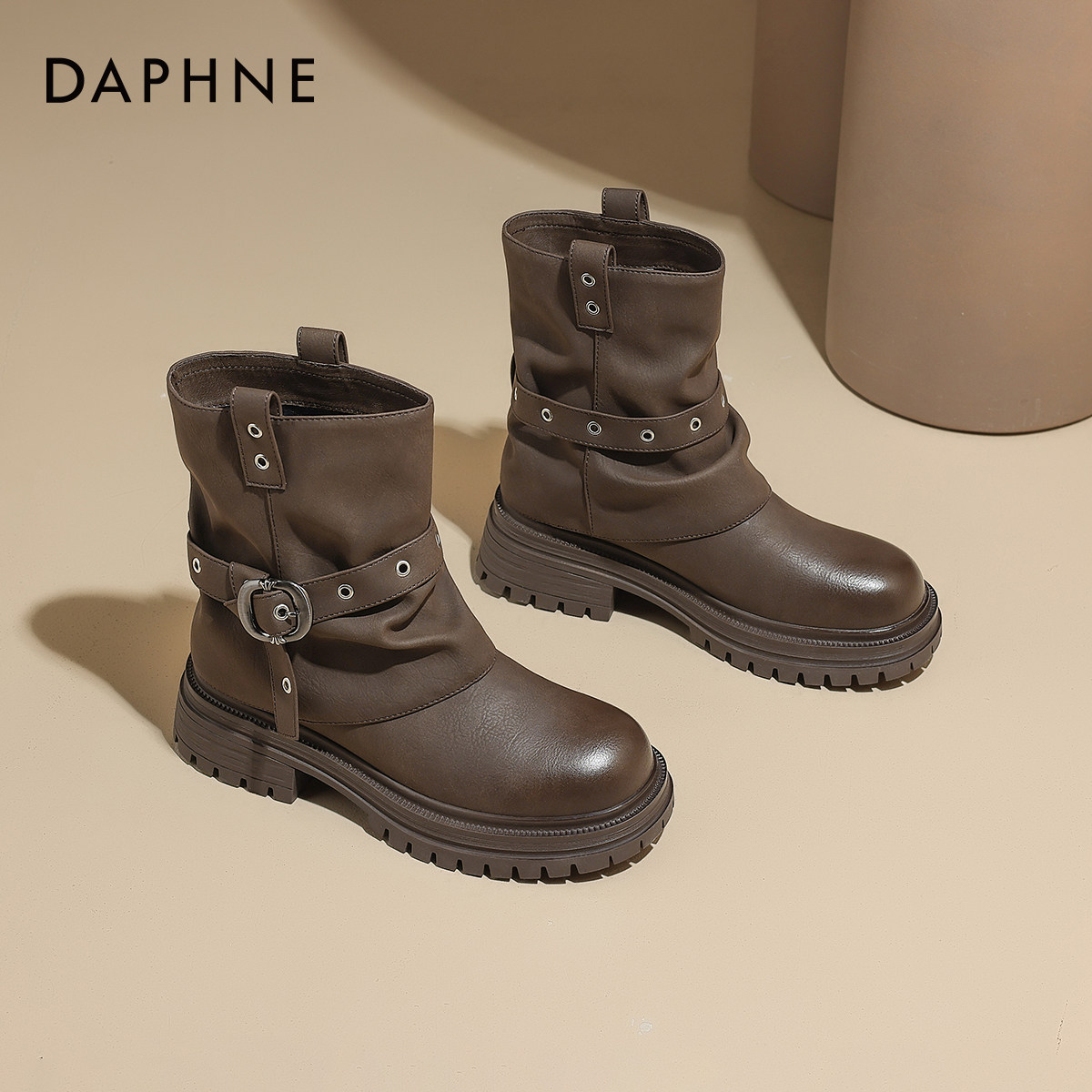 4cm皮带扣厚底短靴小个子裤管靴