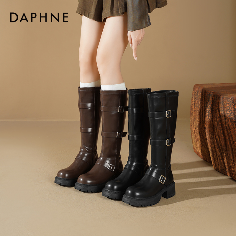 达芙妮厚底长筒靴女复古骑士靴