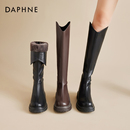达芙妮V口显瘦长筒靴女冬季小个子长靴骑士靴2025新款加绒高筒靴