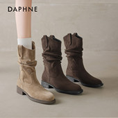 达芙妮堆堆靴子女冬季 2026新款 加绒美拉德西部牛仔靴短靴中筒靴春