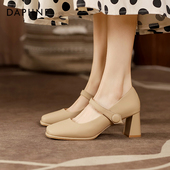 女2023款 粗跟小皮鞋 春季 达芙妮高跟鞋 女鞋 复古玛丽珍鞋 单鞋 女