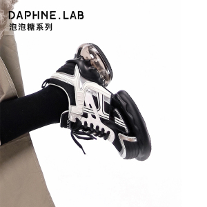DL达芙妮泡泡糖小皮鞋女2023新款机能百搭厚底鞋黑色透气老爹鞋女