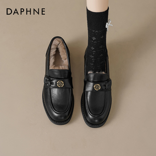 达芙妮加绒乐福鞋女冬季2026新款加厚保暖粗跟小皮鞋一脚蹬棉鞋