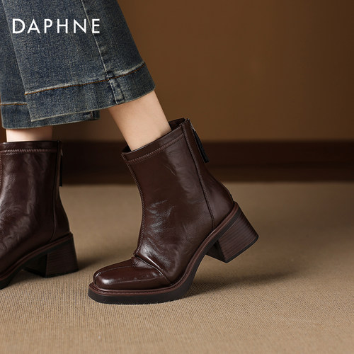 达芙妮方头短靴瘦瘦靴高跟马丁靴