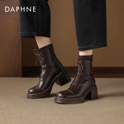 达芙妮马丁靴粗高跟厚底系带短靴