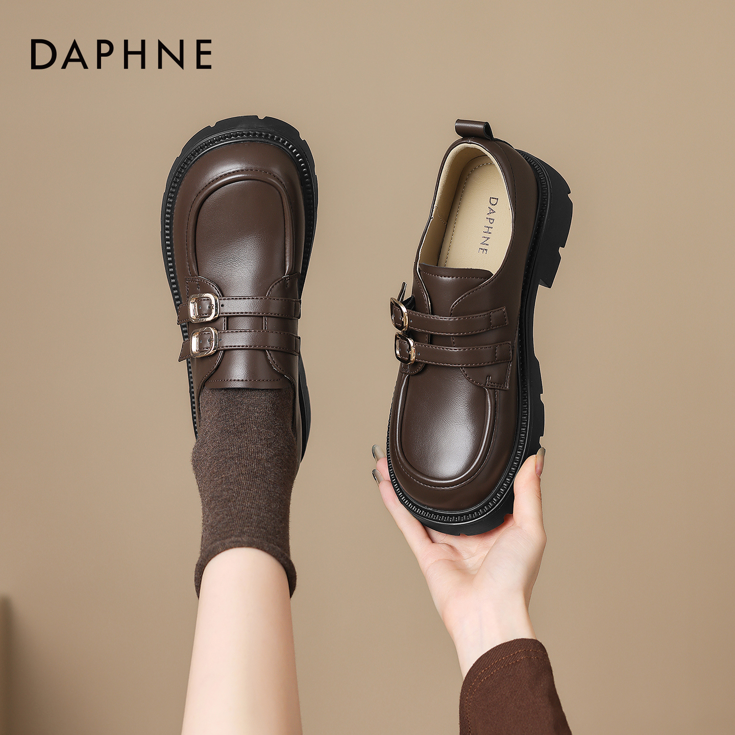 复古英伦风棕色乐福鞋女厚底皮鞋