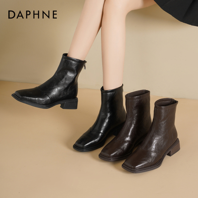 达芙妮百搭黑色短靴软皮瘦瘦单靴