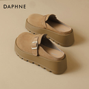 达芙妮厚底勃肯鞋半拖鞋女外穿秋冬加绒包头真皮复古松糕单鞋2025