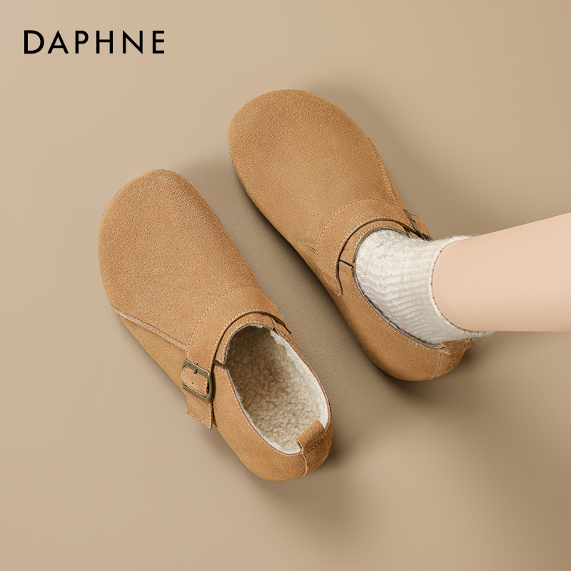 达芙妮毛毛勃肯鞋女全包冬季2025新款孕妇加绒棉鞋毛绒真皮雪地靴