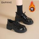 达芙妮厚底乐福鞋女2025新款秋冬英伦风黑色小皮鞋百搭增高单鞋子