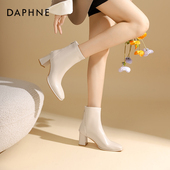 子白色法式 达芙妮高跟短靴女2025爆款 秋冬鞋 瘦瘦靴百搭单靴马丁靴