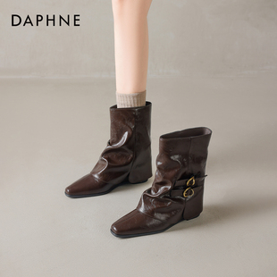 达芙妮棕色短靴子女2025新款秋冬季加绒美拉德内增高骑士马丁靴子