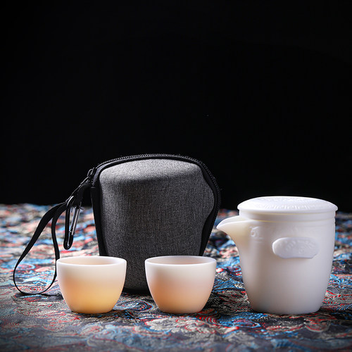 羊脂玉瓷素烧一壶二杯旅行茶具