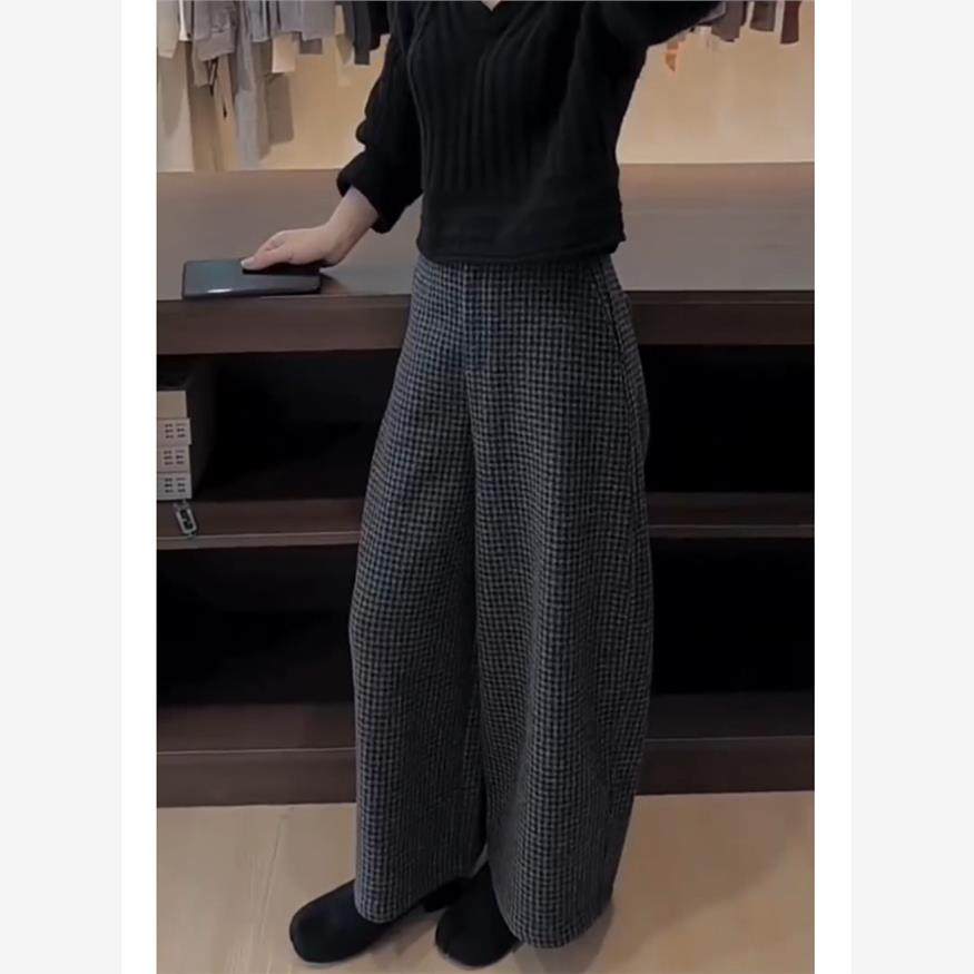 黑色格子毛呢阔腿裤女2025秋季新款宽松显瘦高腰直筒百搭休闲裤,女装/女士精品,休闲裤,淘宝优惠券,粉丝福利购,淘宝优惠卷