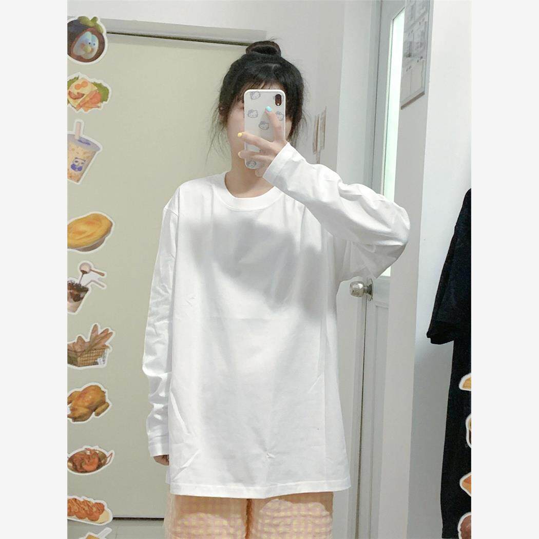 极简风白色长袖T恤女宽松显瘦内搭打底衫圆领休闲百搭短袖上衣ins