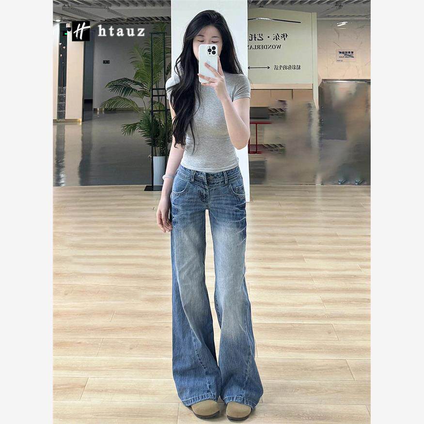 复古微喇阔腿牛仔裤女宽松显瘦低腰直筒拖地裤休闲百搭慵懒风长裤