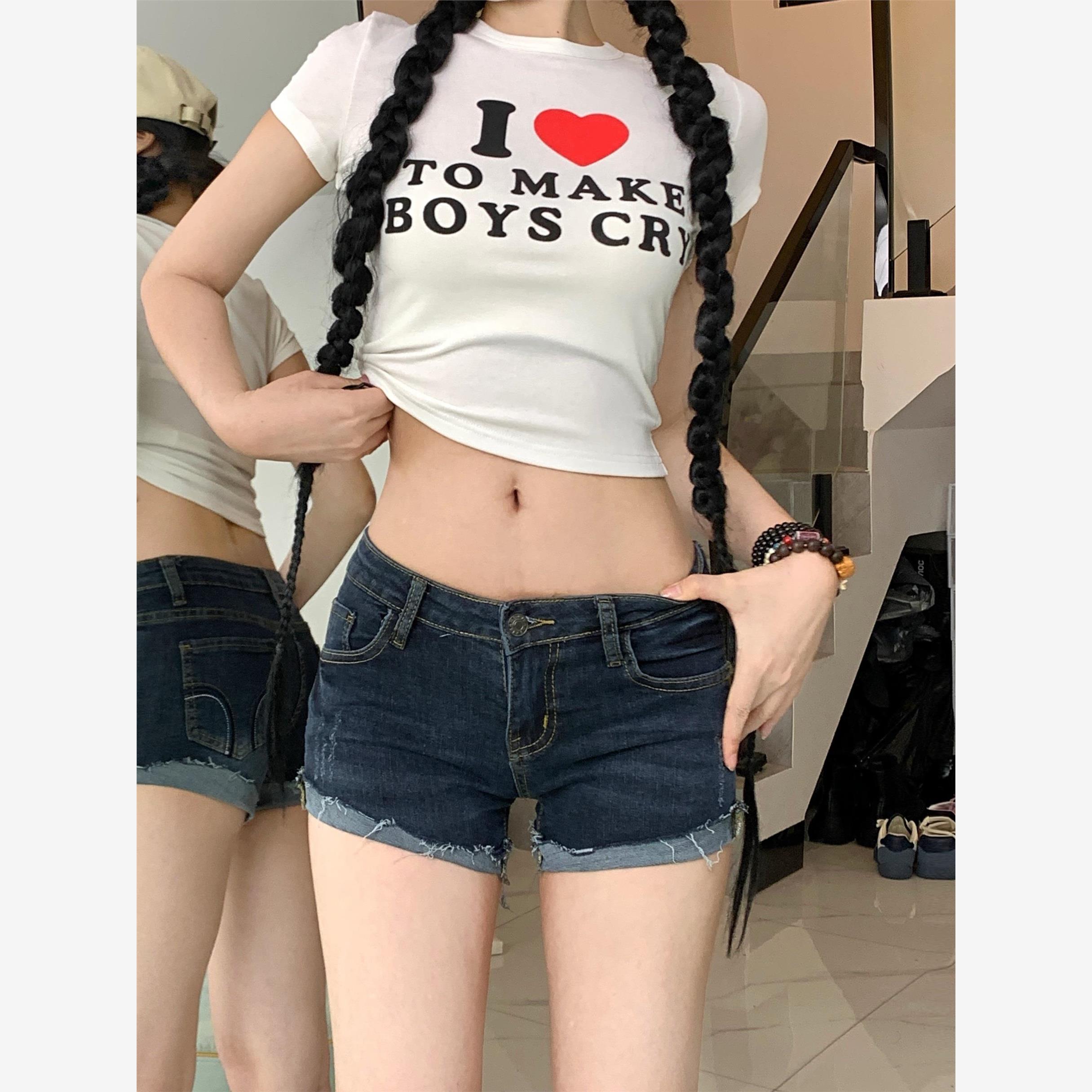 2025新款时尚百搭牛仔短裤女夏季低腰弹力紧身显瘦包臀卷边热裤潮
