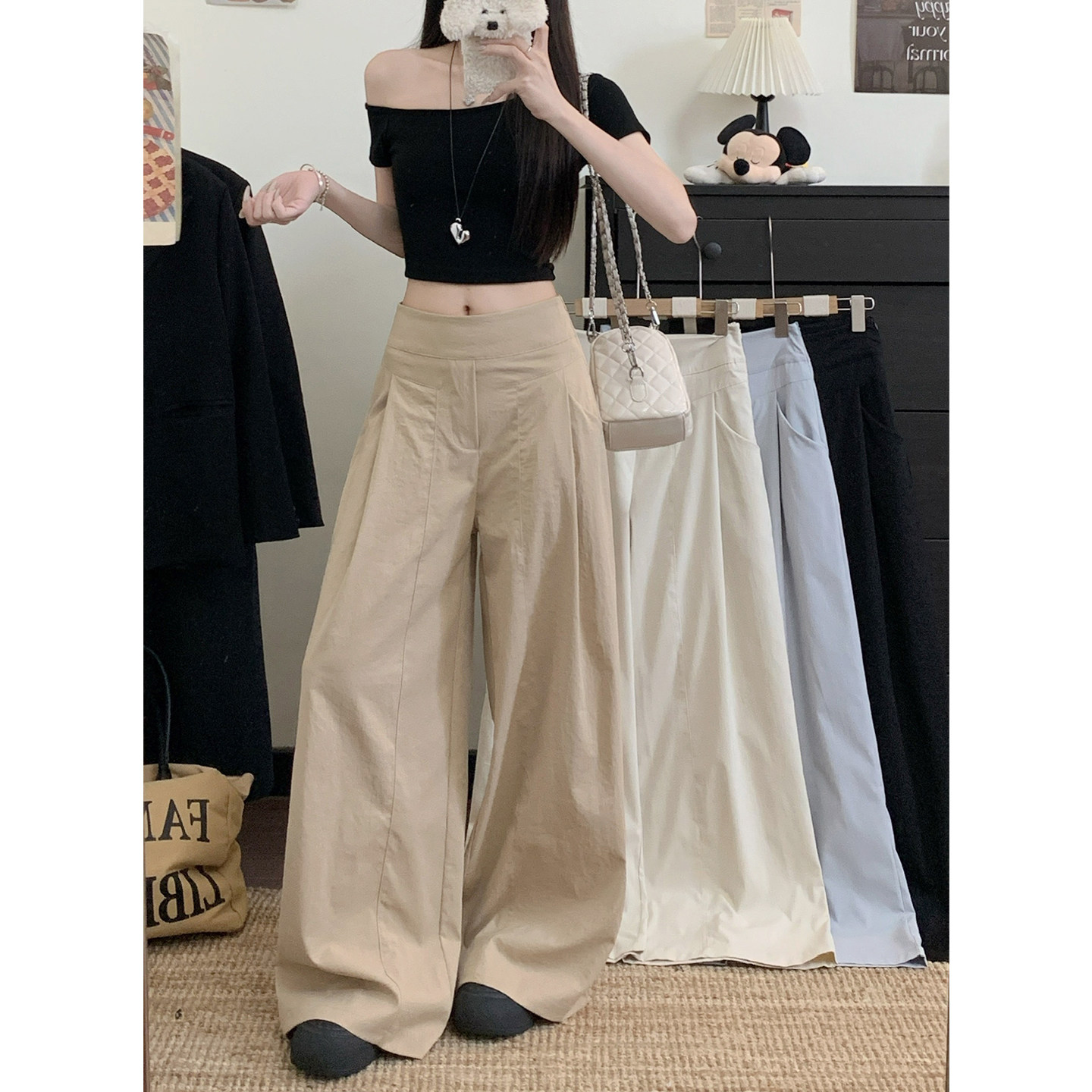 美式高腰显瘦阔腿裤女2025夏季新款大码宽松休闲百搭垂感直筒长裤