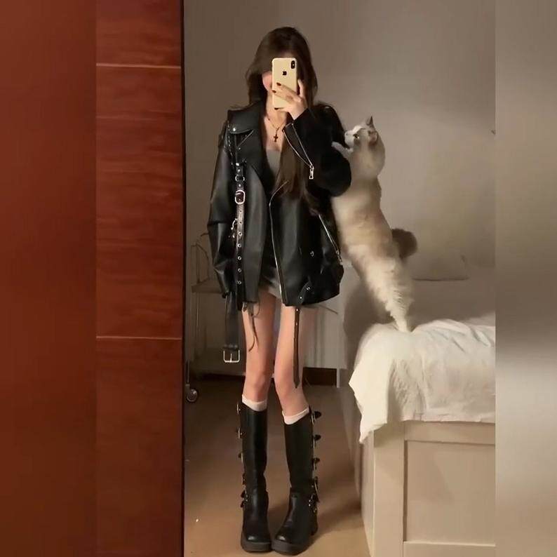 美式时尚酷飒风黑色PU皮衣外套女秋季新款宽松机车夹克炸街上衣潮