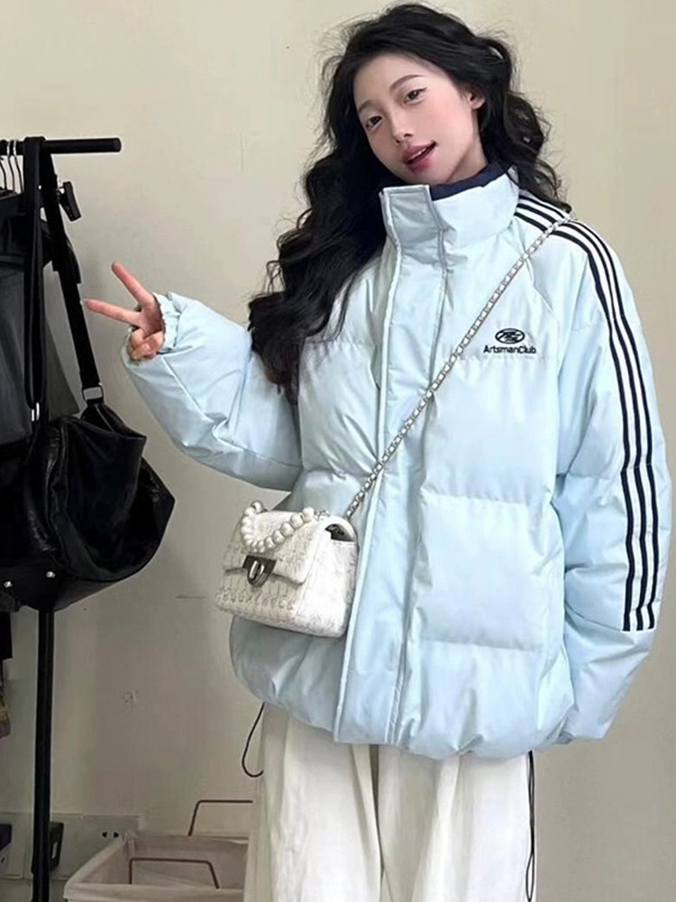 American thickened loose stand-collar striped down jacket, winter women's cotton-padded coat, slim and warm, suitable for students, bread-style outerwear