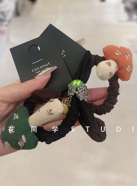 韩国发饰2024新款精致黑色圣诞树绿色橙色橘色纯棉布艺水钻发圈