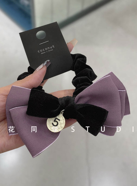韩国发饰2026新款紫色红色黑色丝绒蝴蝶结5号字母发圈大肠圈头饰