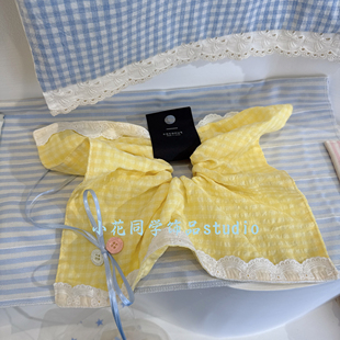 韩国饰品2025新款奶黄色高级精致纯棉蕾丝格子蝴蝶结丝带大肠发圈