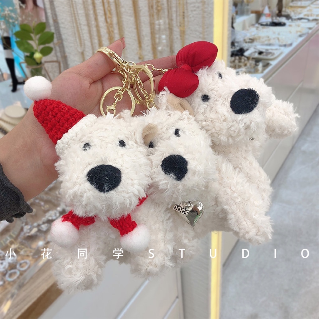高级精致西高地白色泰迪卷帽子红色蝴蝶结毛线围巾项链钥匙包包扣