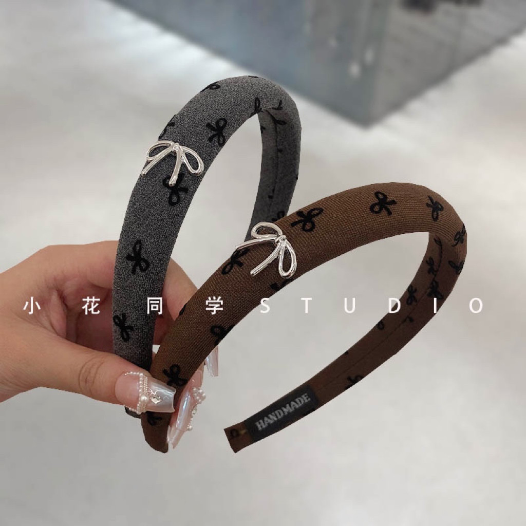 韩国发饰2024新款精致小香风西服面料灰色美拉德印花蝴蝶结发箍