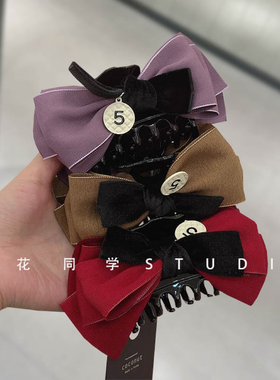 韩国饰品2025新款紫色红色棕色黑色丝绒蝴蝶结5号字母发抓夹头饰