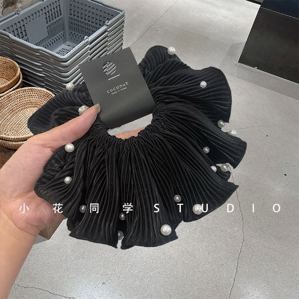 韩国饰品2025新款黑色百折褶皱木耳边黑色缎面珍珠钉珠发圈大肠圈