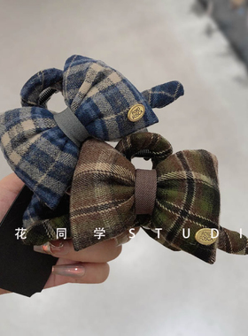 韩国发饰2024秋冬新款蓝色咖绿色格子蝴蝶结金属字母发抓夹头饰