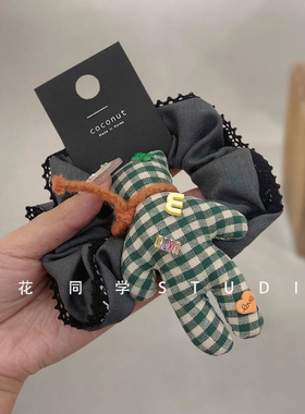 韩国发饰2024新款小香风西服西装面料绿色格子小熊橘色蝴蝶结发圈