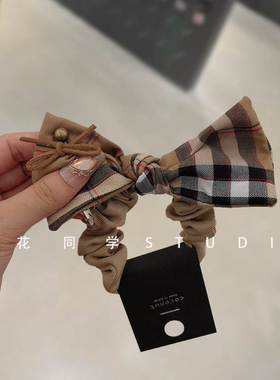 韩国发饰2024新款卡其色红绿色藏青色格子蝴蝶结麂皮绒皮绳发圈