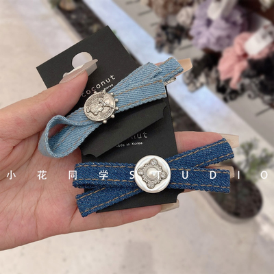 韩国发饰2024新款高级感精致蓝色牛仔徽章皇冠镶钻蝴蝶结边夹发夹