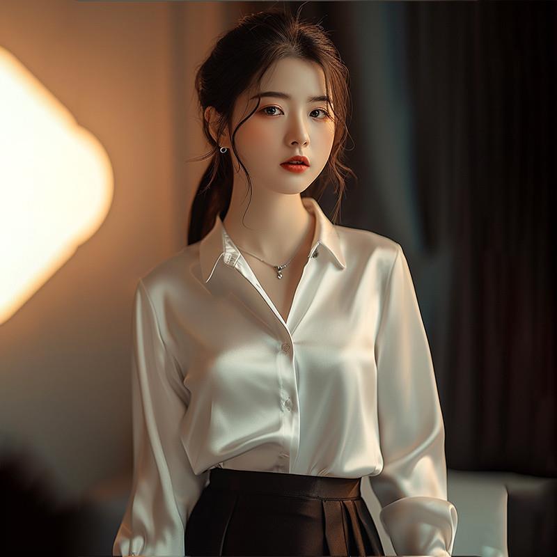 缎面衬衫女2024款新款韩版职业显瘦大码上衣白色长袖高端丝绸衬衣