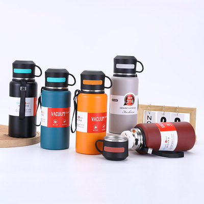 新款316不锈钢保温杯户外真空运动水壶便携提绳一盖双用弹跳杯