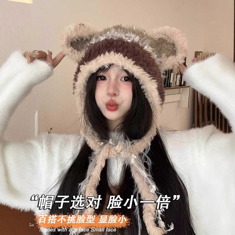 秋冬季新款户外防寒保暖加厚毛绒雷锋帽子女甜美可爱显脸小毛线帽