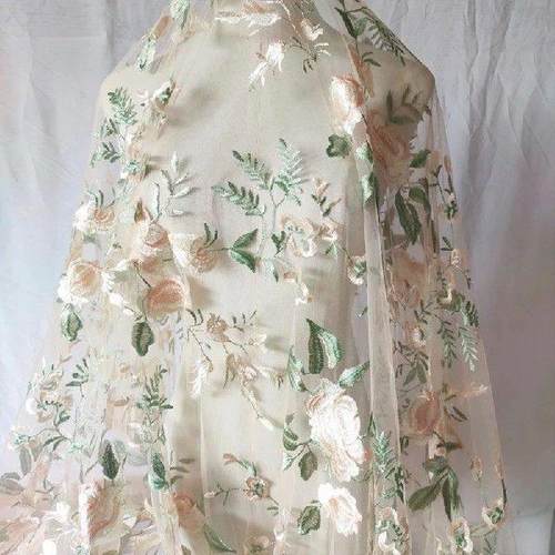 1M Delicate Floral Embroidery Lace Mesh Fabric Soft Gauze