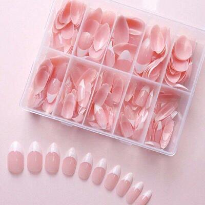 120-360pcs Nude Pink & White French Press on Nails Glossy