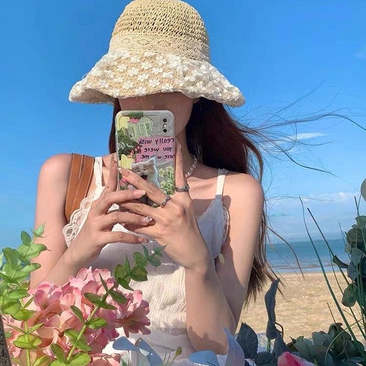 森系草帽夏季清新蕾丝花朵帽子防晒沙滩度假遮阳帽太阳帽出游拍照