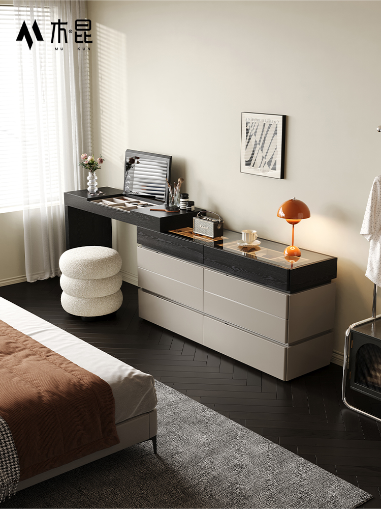 木昆新款梳妆台斗柜一体现代简约卧室可伸缩床尾带灯储物柜化妆桌