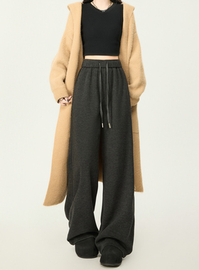 灰色醋酸羊毛阔腿裤女秋冬2025新款加绒直筒窄版垂感糯米毛呢裤子