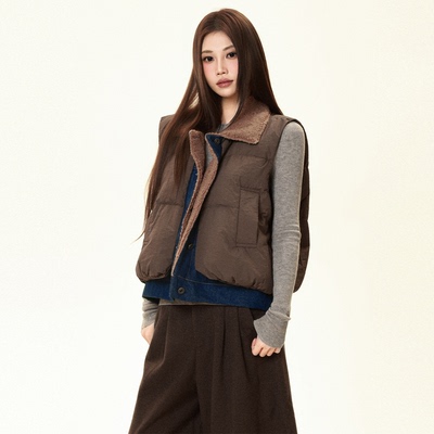 PVJ韩系羊羔毛翻领2025秋冬新款羽绒马甲女撞色牛仔拼接坎肩外套